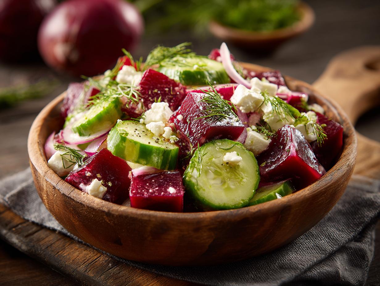 A vibrant Cucumber Beetroot Salad with cubed beets, sliced cucumbers, feta cheese, red onion, and dill.