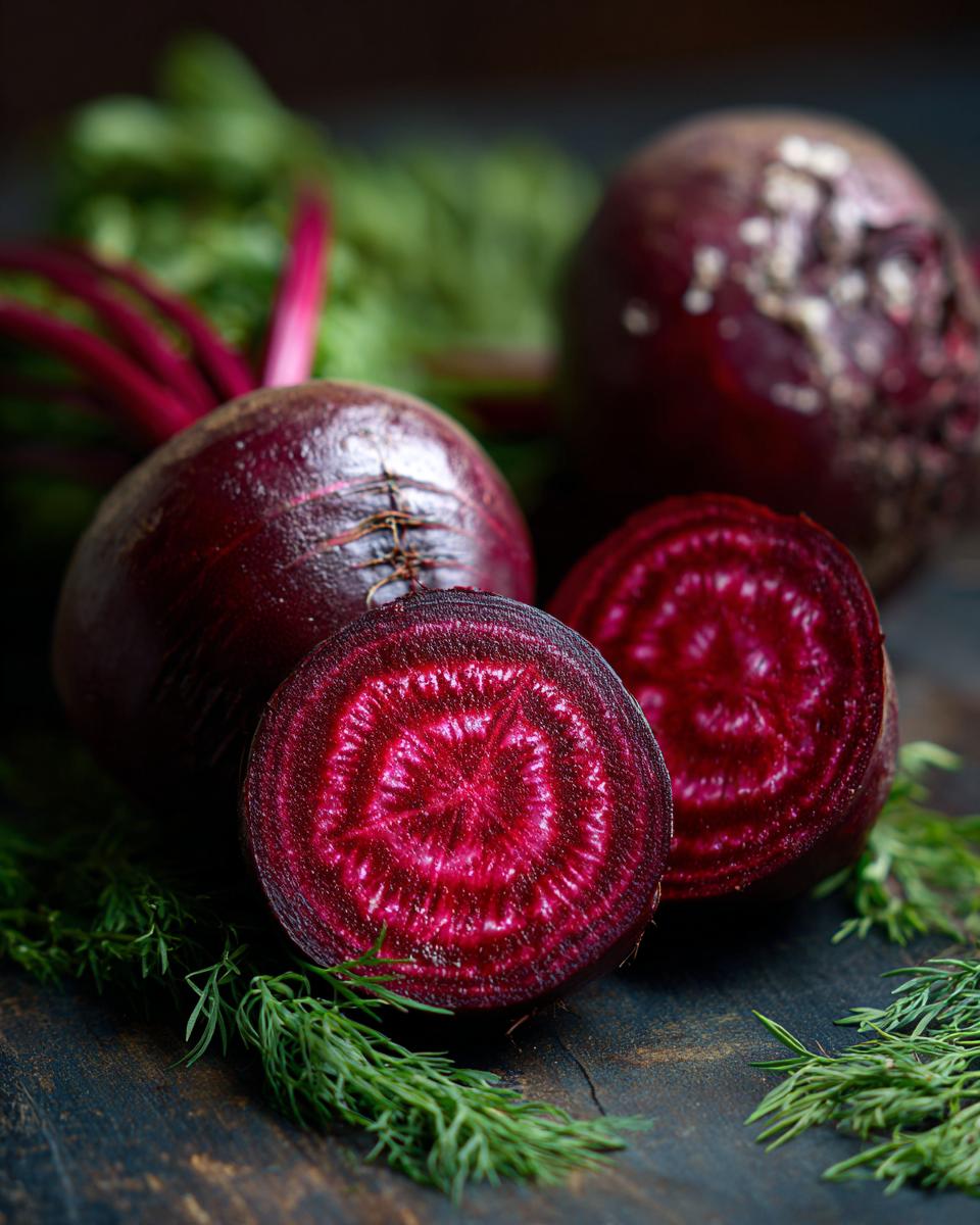 Close-up of vibrant beetroots, one halved to show its concentric rings, with fresh dill and greens.