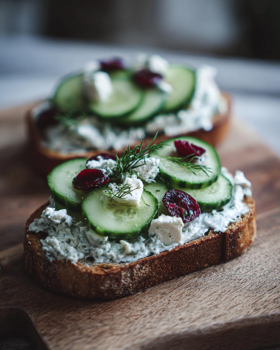 Close-up of toast topped with creamy spread, cucumber slices, feta cheese, and dried cranberries, part of a cucumber beetroot salad.