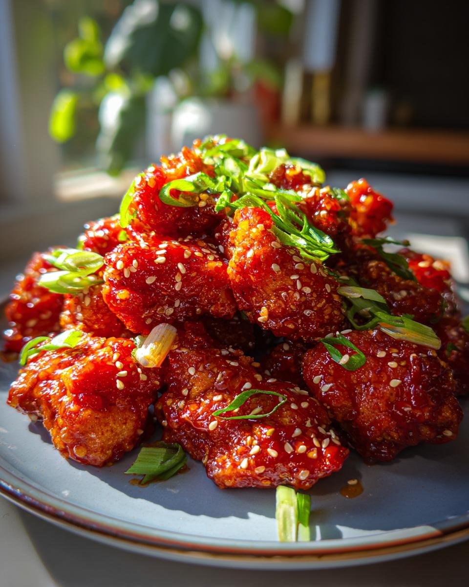 A pile of crispy, glazed Dragon Chicken bites topped with sesame seeds and chopped green onions.