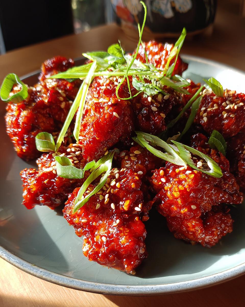 Close-up of crispy, glazed Dragon Chicken pieces topped with sesame seeds and green onions.