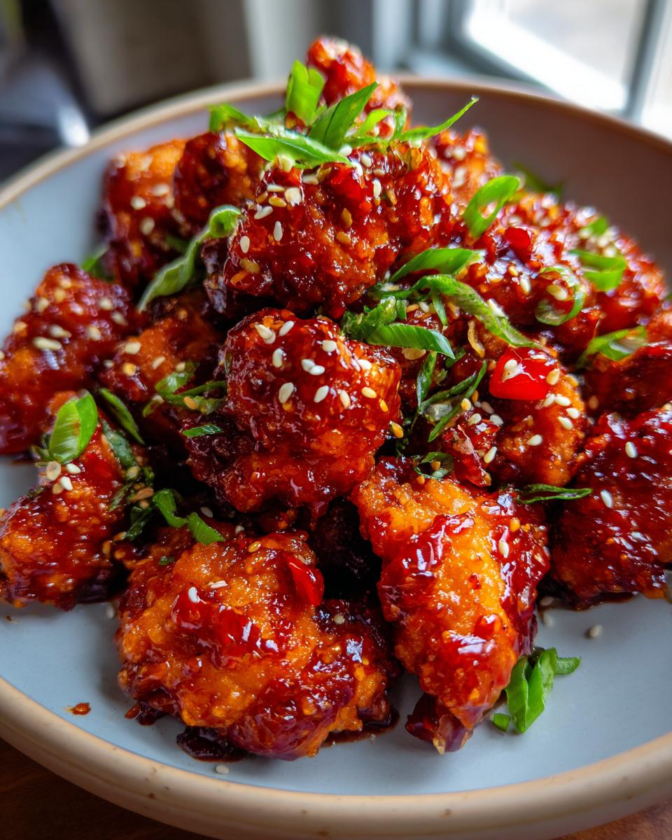 A close-up of glossy, red-sauced Dragon Chicken bites, garnished with sesame seeds and chopped green onions.