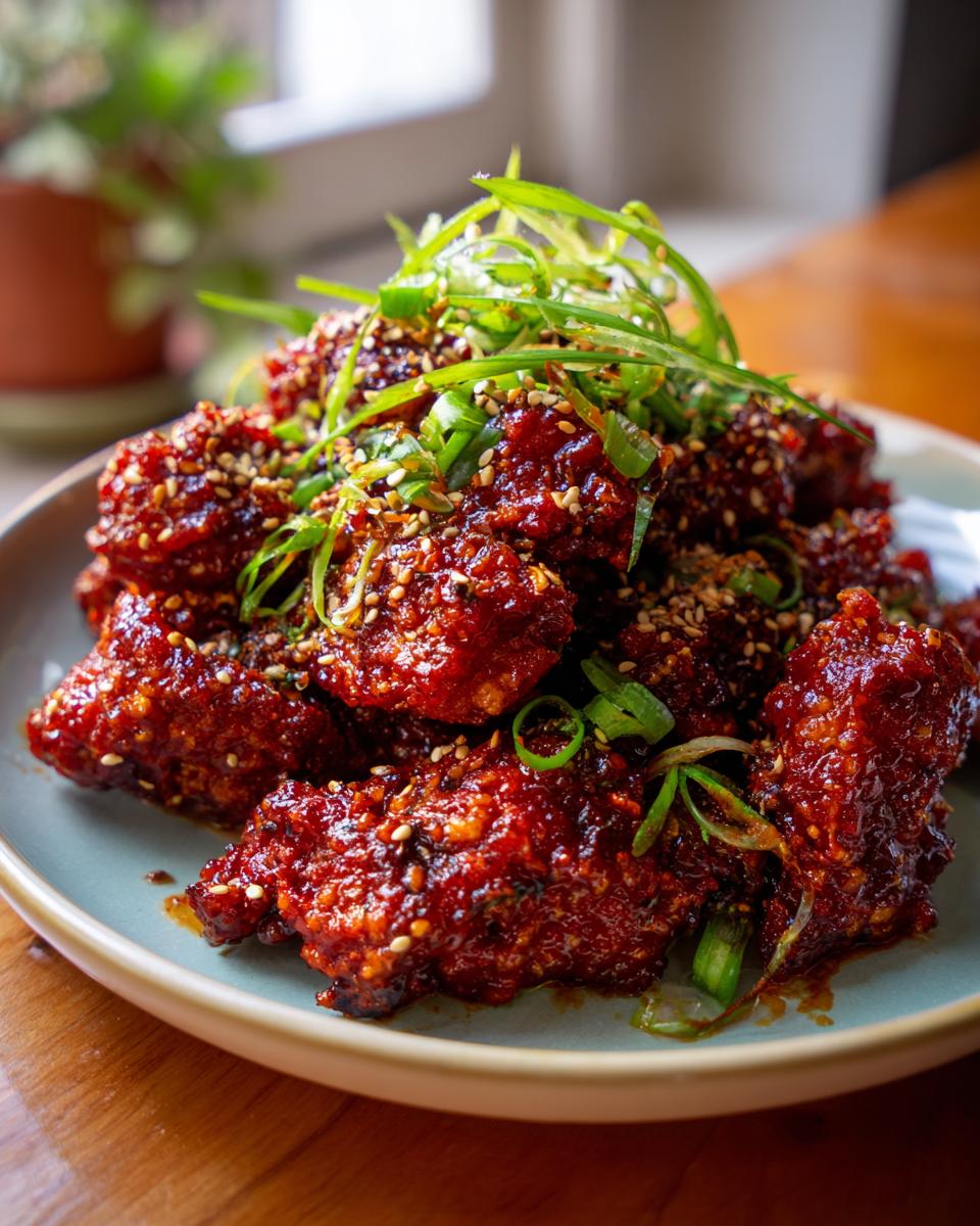 Close-up of crispy Dragon Chicken pieces coated in a glossy, dark red sauce, sprinkled with sesame seeds and green onions.