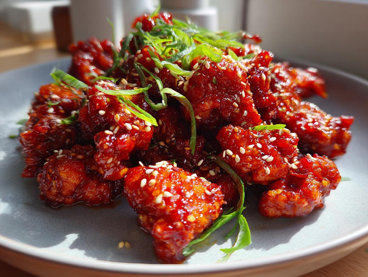 Close-up of glossy, deep red Dragon Chicken pieces coated in sauce, sprinkled with sesame seeds and green onions.