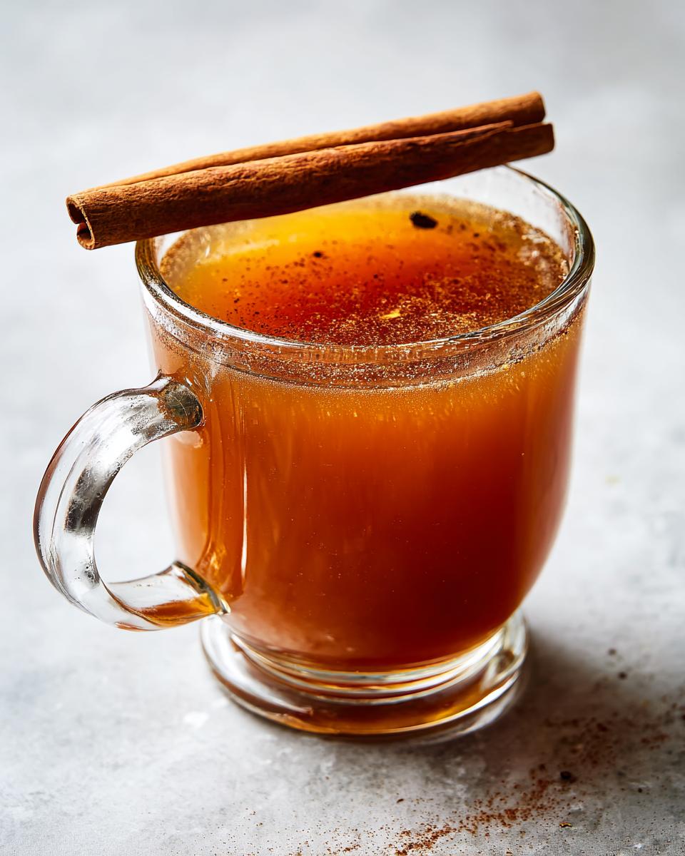 A close-up of a clear glass mug filled with warm Dutch oven apple cider, topped with a cinnamon stick and a sprinkle of spices.