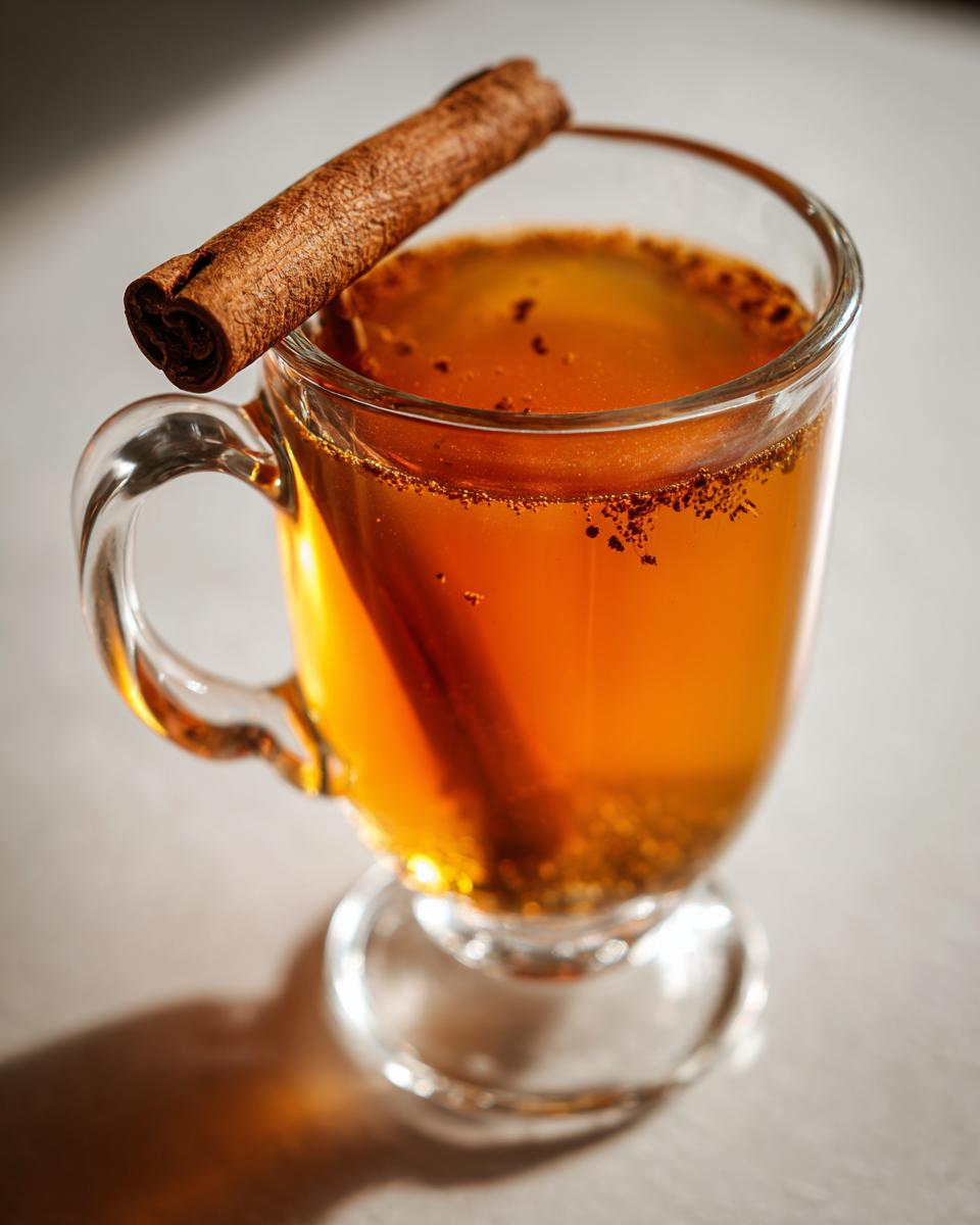 A close-up of warm Dutch oven apple cider in a glass mug, garnished with a cinnamon stick and spices.