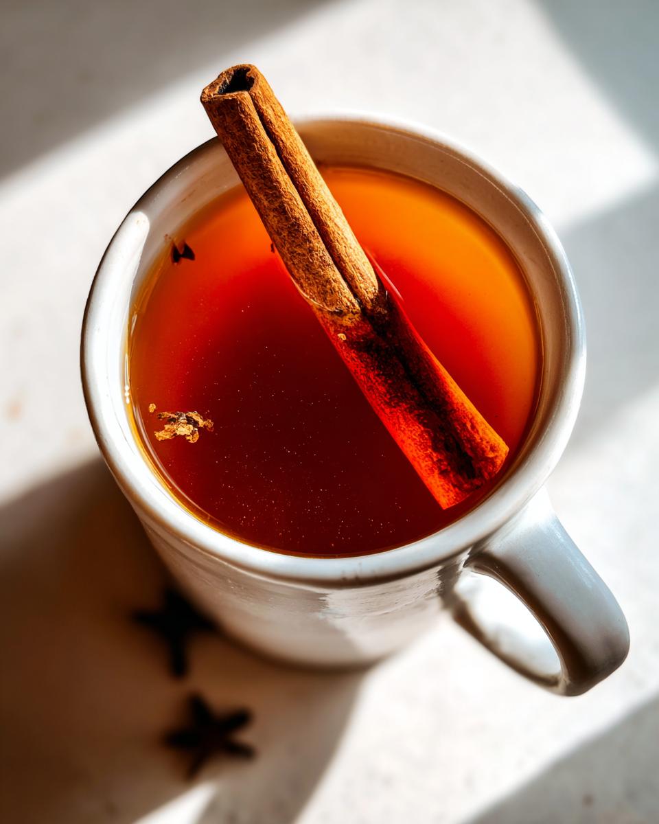 A close-up of a mug filled with warm Dutch oven apple cider, garnished with a cinnamon stick and star anise.