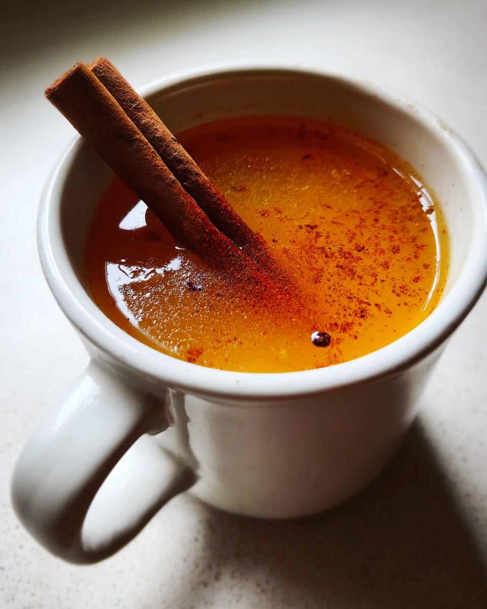 A close-up of a white mug filled with warm Dutch Oven Apple Cider, garnished with two cinnamon sticks and a sprinkle of cinnamon.
