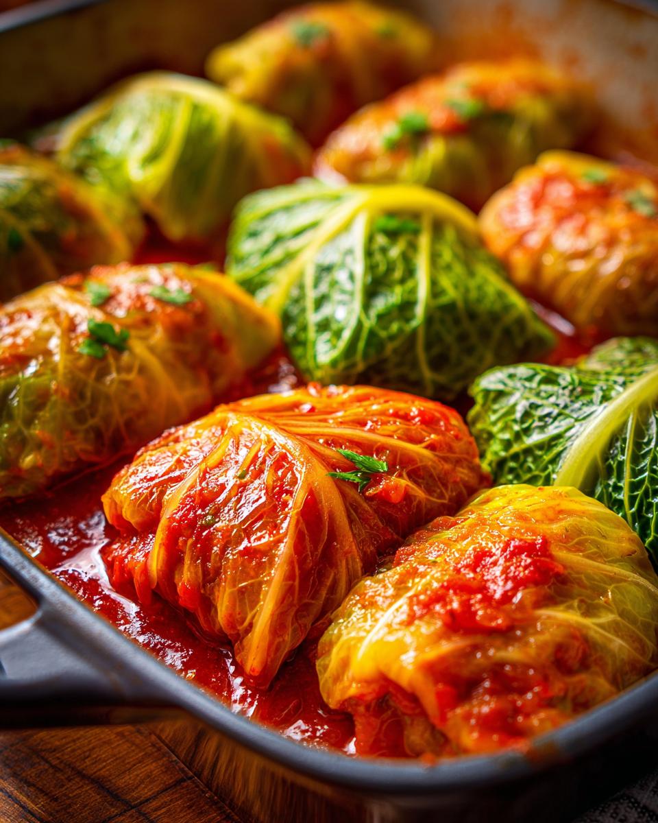 Close-up of delicious stuffed cabbage rolls simmering in a rich tomato sauce in a baking dish.