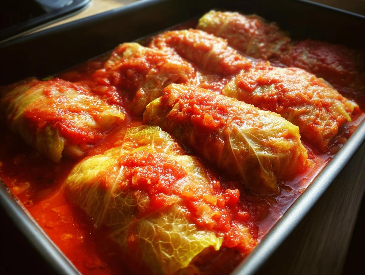 Close-up of delicious stuffed cabbage rolls simmering in a rich tomato sauce in a baking dish.