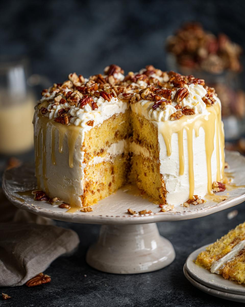 A slice of Elvis Presley cake with white frosting, caramel drizzle, and chopped pecans on top.
