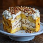 A slice of moist Elvis Presley cake filled with creamy frosting and chopped pecans, topped with whipped cream and more pecans.
