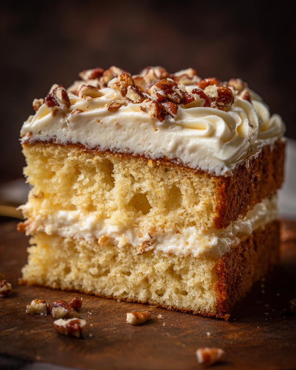 A delicious slice of Elvis Presley cake with creamy frosting and chopped pecans on top.