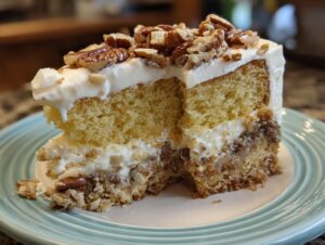 A close-up of a slice of Elvis Presley cake, showing layers of yellow cake, creamy frosting, and chopped pecans.