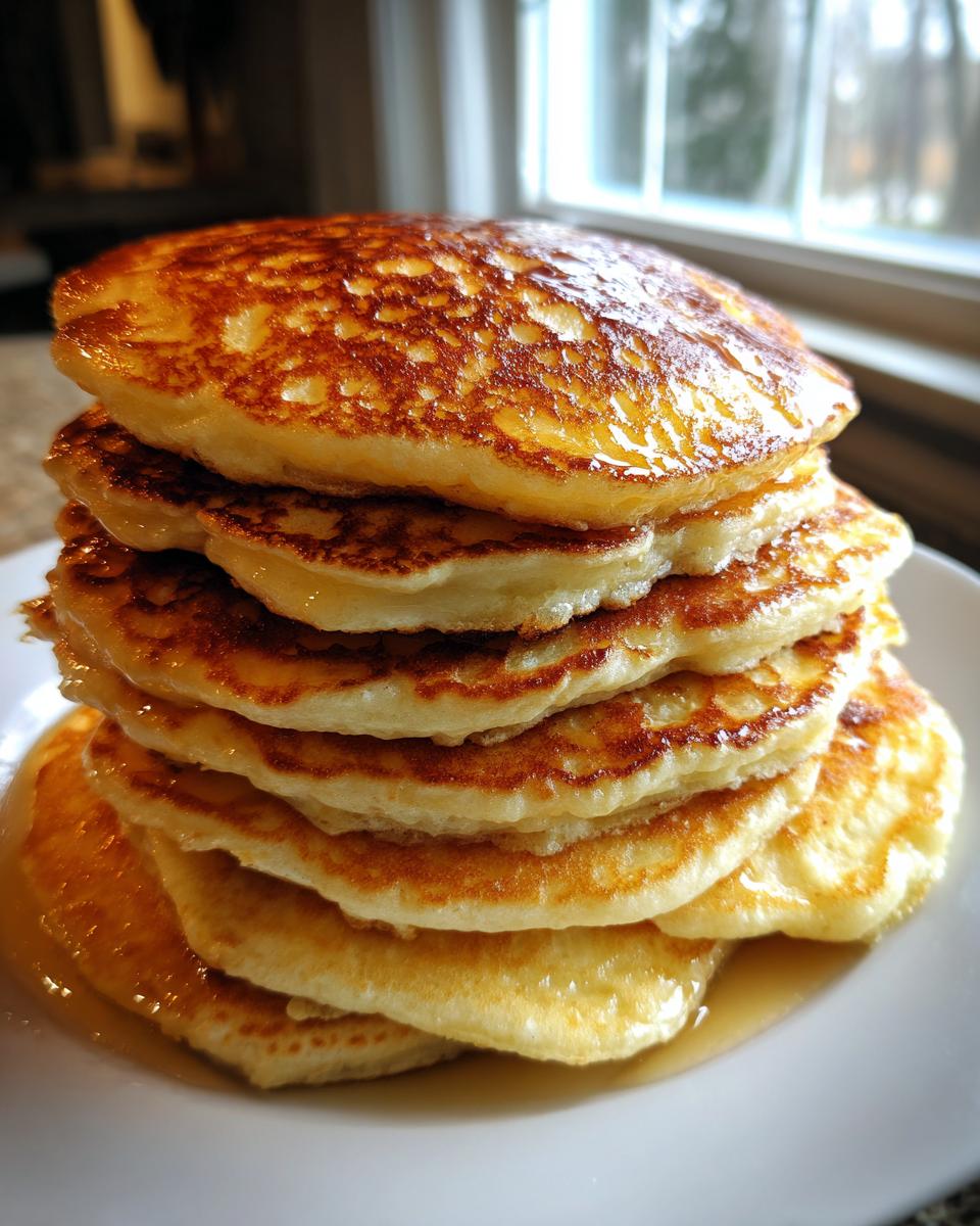 A tall stack of golden-brown fluffy almond flour pancakes drizzled with syrup on a white plate.