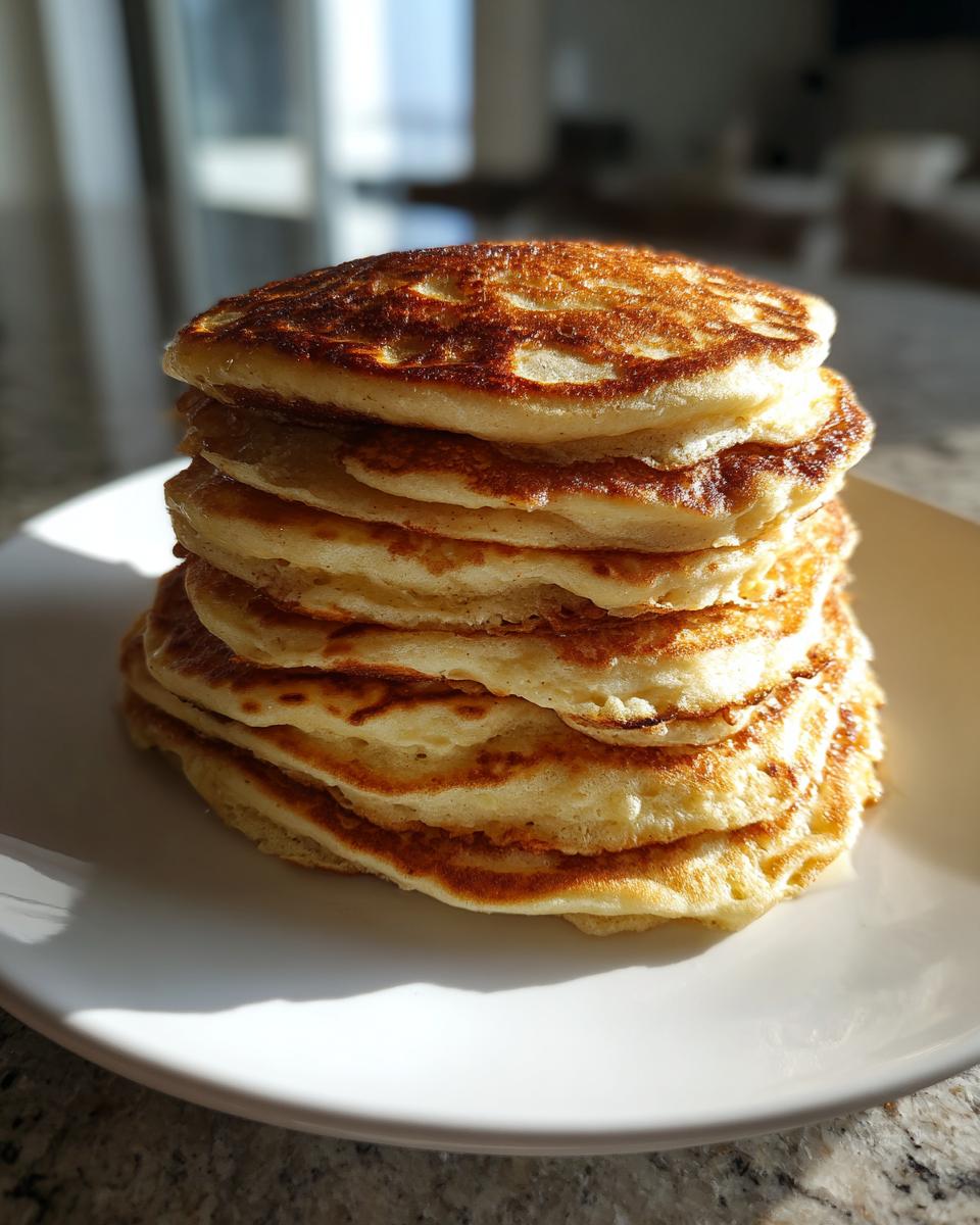 A tall stack of golden-brown fluffy almond flour pancakes on a white plate, bathed in sunlight.