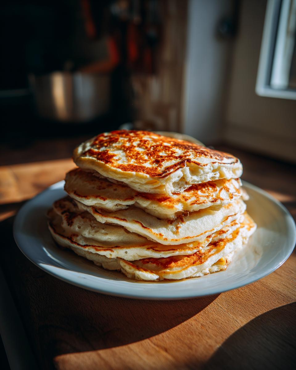 A tall stack of fluffy almond flour pancakes on a white plate, golden brown and ready to be served.