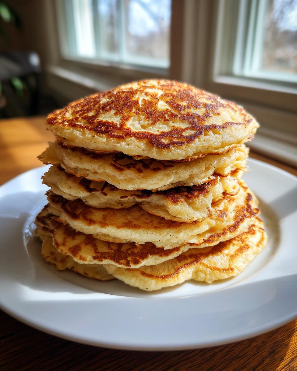 A tall stack of fluffy almond flour pancakes on a white plate, golden brown and perfectly cooked.