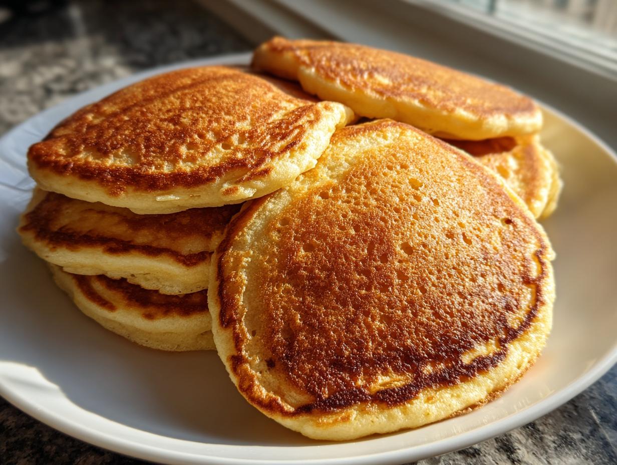 A close-up shot of a stack of fluffy almond flour pancakes on a white plate, golden brown and perfectly cooked.