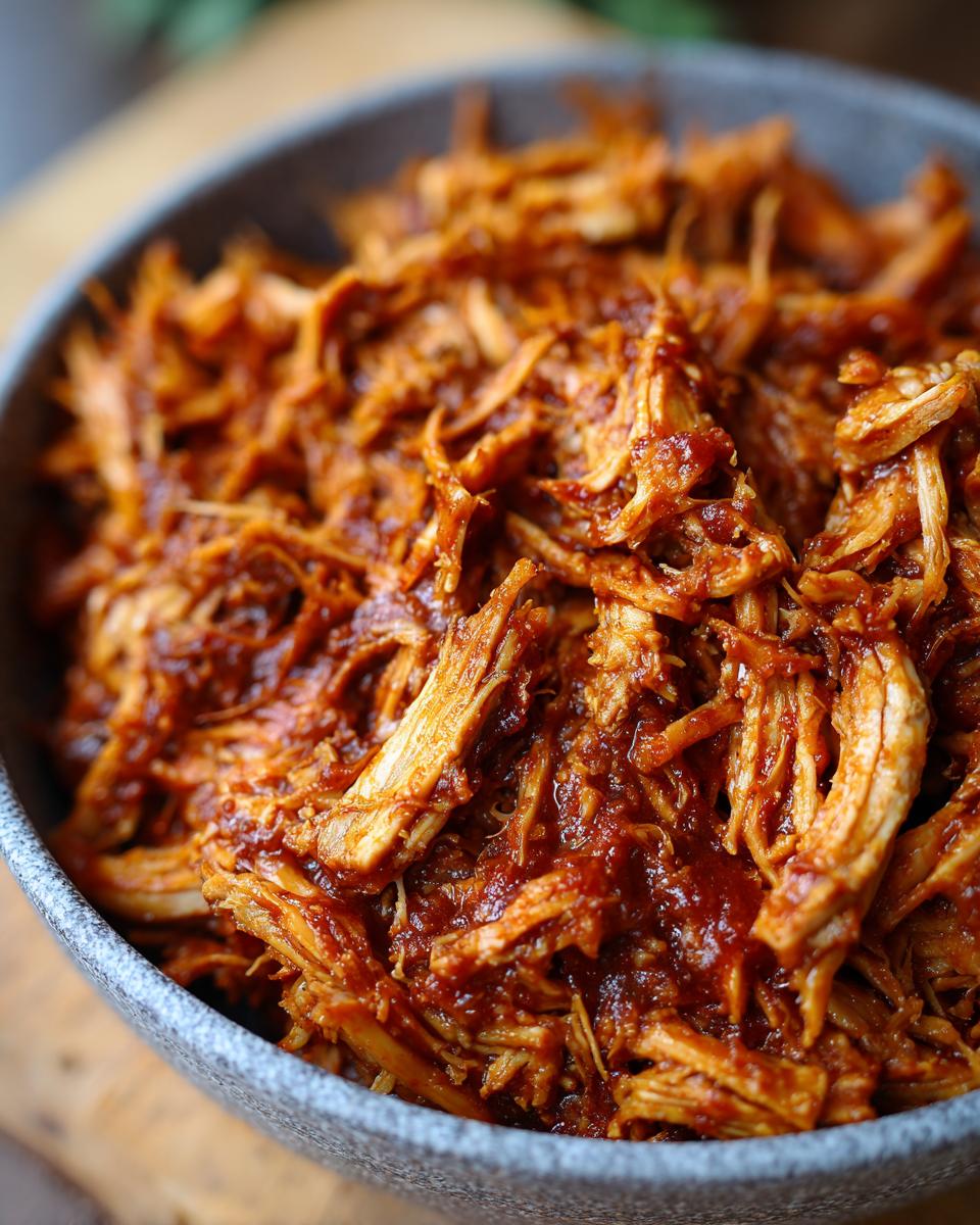 Close-up of a bowl filled with shredded pulled pork coated in a rich, dark BBQ sauce.