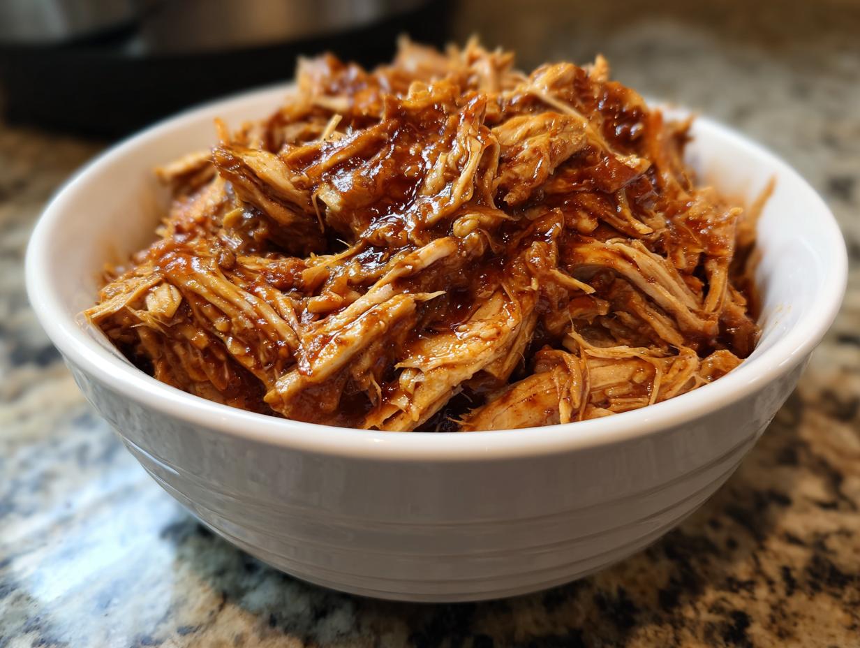 A white bowl filled with glistening, tender pulled pork coated in a rich BBQ sauce.