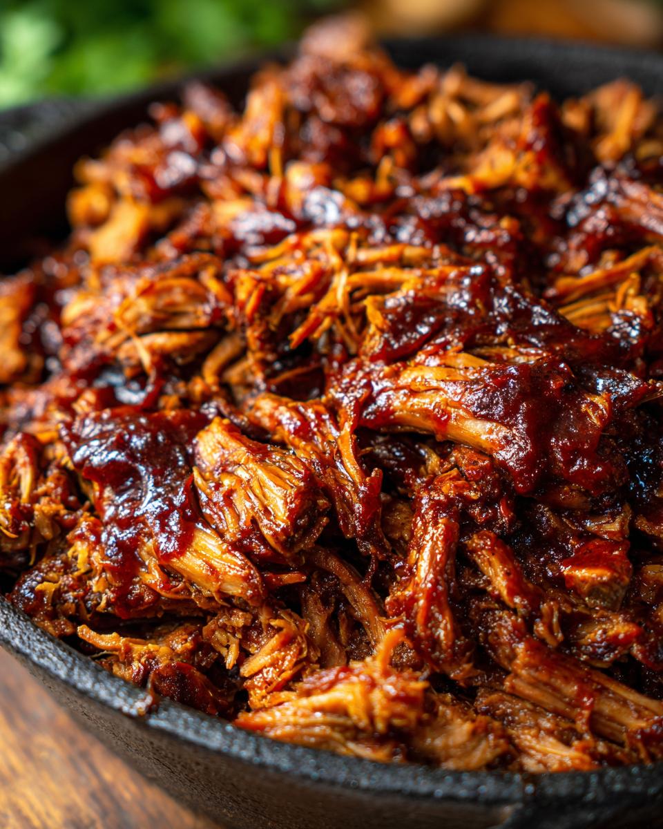 Close-up of tender, shredded pulled pork coated in a rich, dark BBQ sauce in a cast iron skillet.