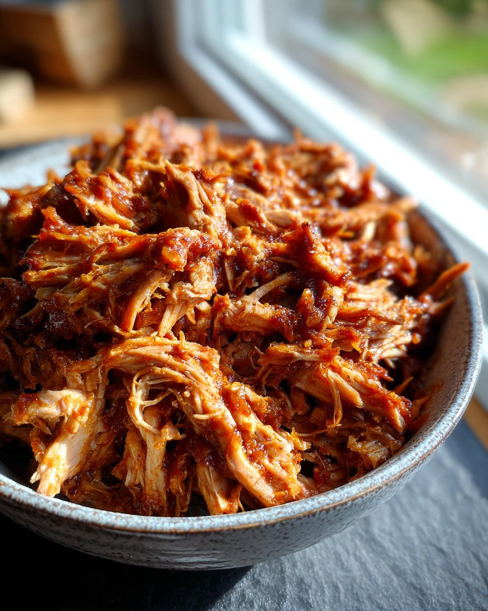 A close-up of a bowl filled with succulent, saucy pulled pork, ready to be served.