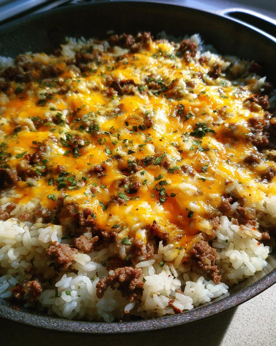 Close-up of French onion beef over rice, topped with melted cheddar cheese and parsley.