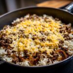 A close-up of French onion beef over rice, topped with melted shredded cheese in a skillet.