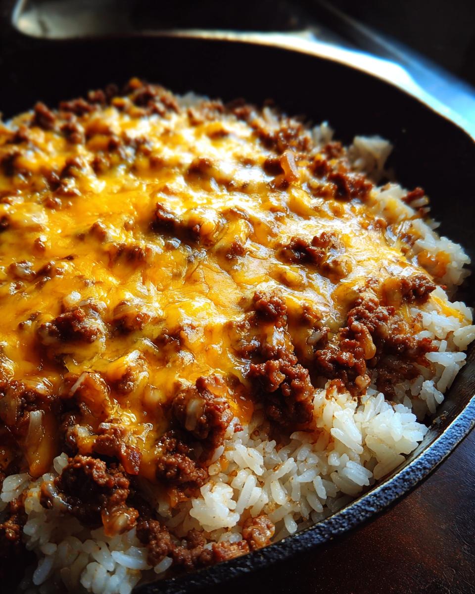 Close-up of French Onion Beef Over Rice, topped with melted cheddar cheese.
