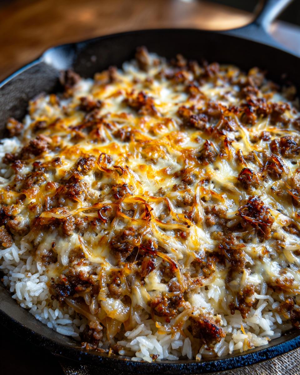 Close-up of French onion beef over rice, topped with melted cheese, served in a cast iron skillet.