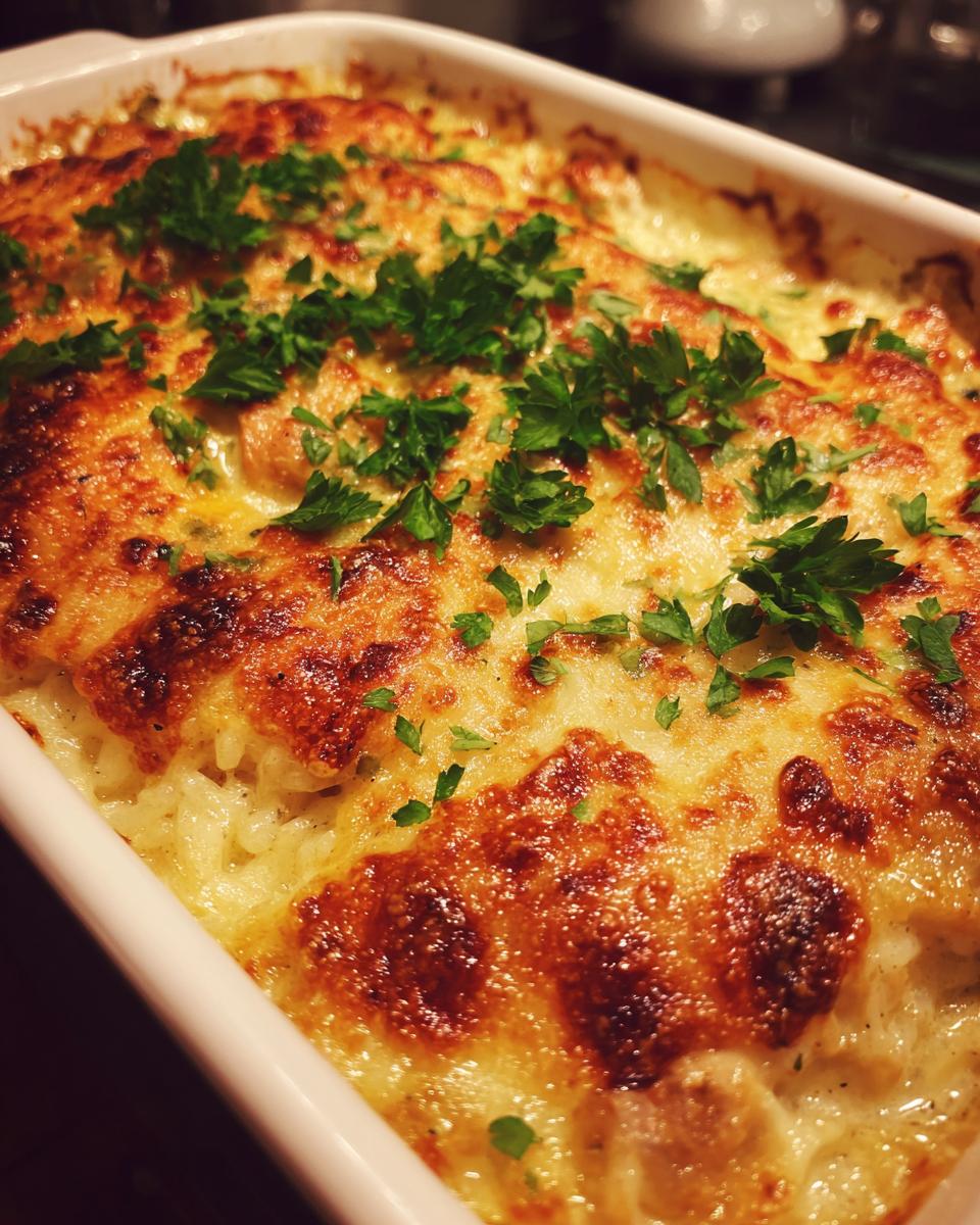 Close-up of a bubbling French Onion Chicken Rice Casserole, topped with melted cheese and fresh parsley.