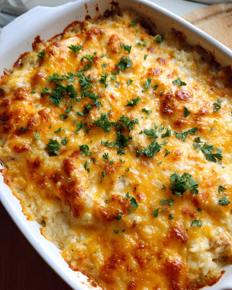 Close-up of a bubbly French Onion Chicken Rice Casserole topped with melted golden cheese and fresh parsley.