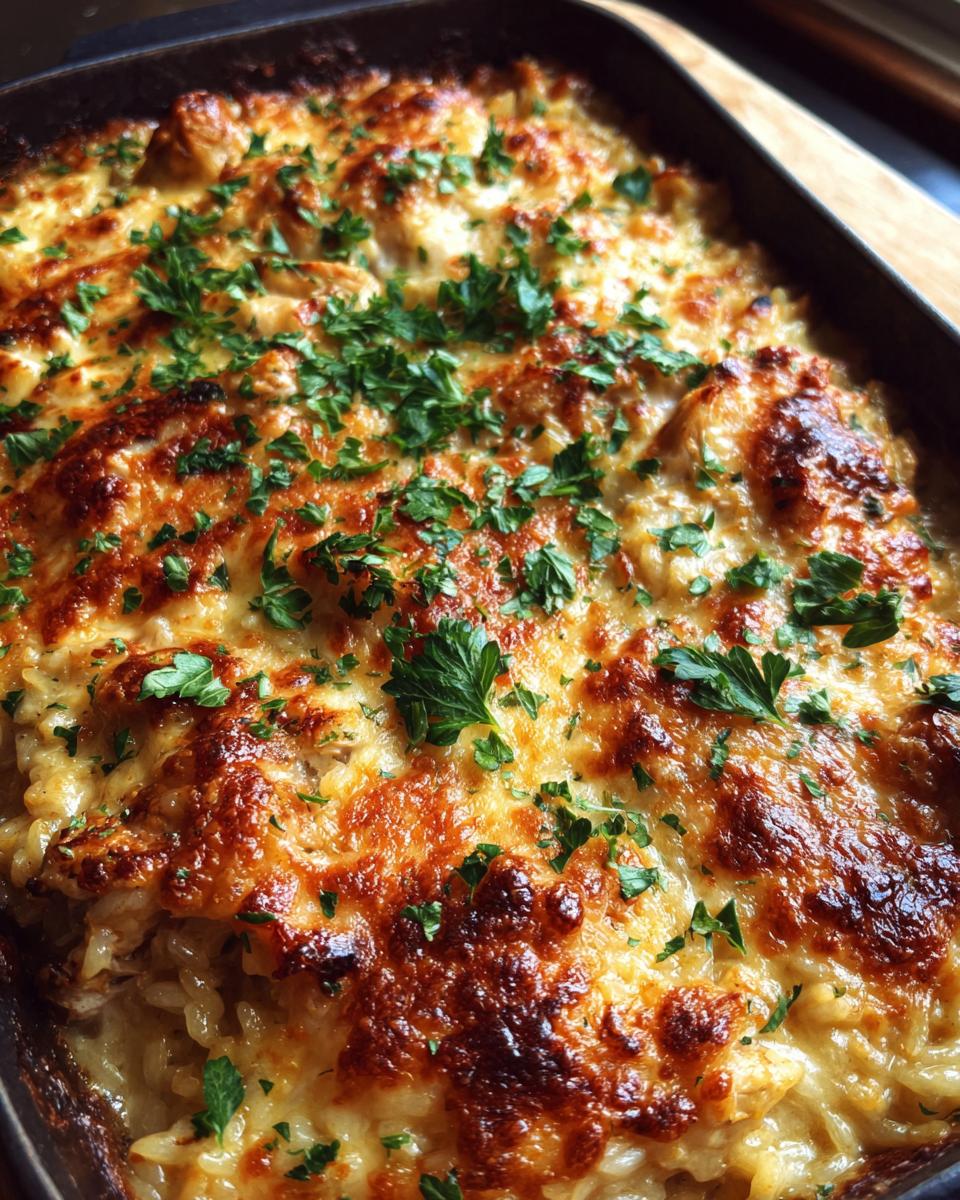 Close-up of a bubbly French onion chicken rice casserole topped with melted cheese and fresh parsley.