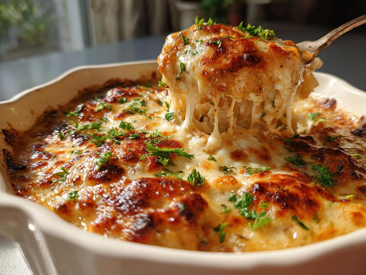 A fork lifting a cheesy portion of French Onion Chicken Rice Casserole from a baking dish, topped with melted cheese and parsley.