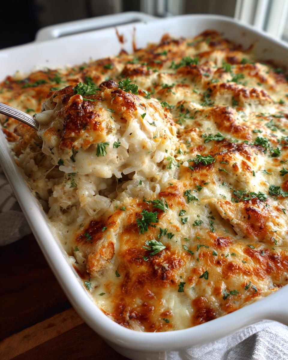 A fork scooping a creamy portion of French Onion Chicken Rice Casserole, topped with melted cheese and parsley.