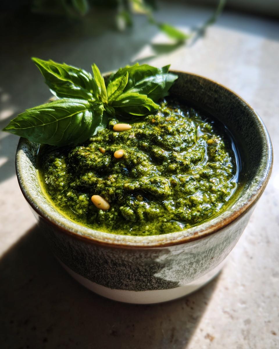 A close-up of vibrant green basil pesto in a rustic bowl, garnished with fresh basil leaves and pine nuts.