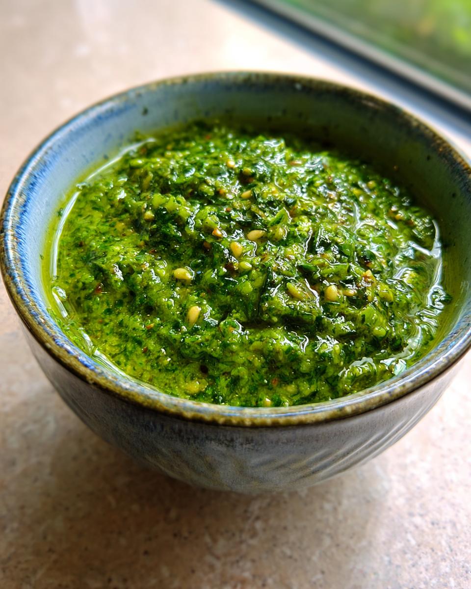 Close-up of vibrant green basil pesto in a rustic blue bowl, showing texture and pine nuts.