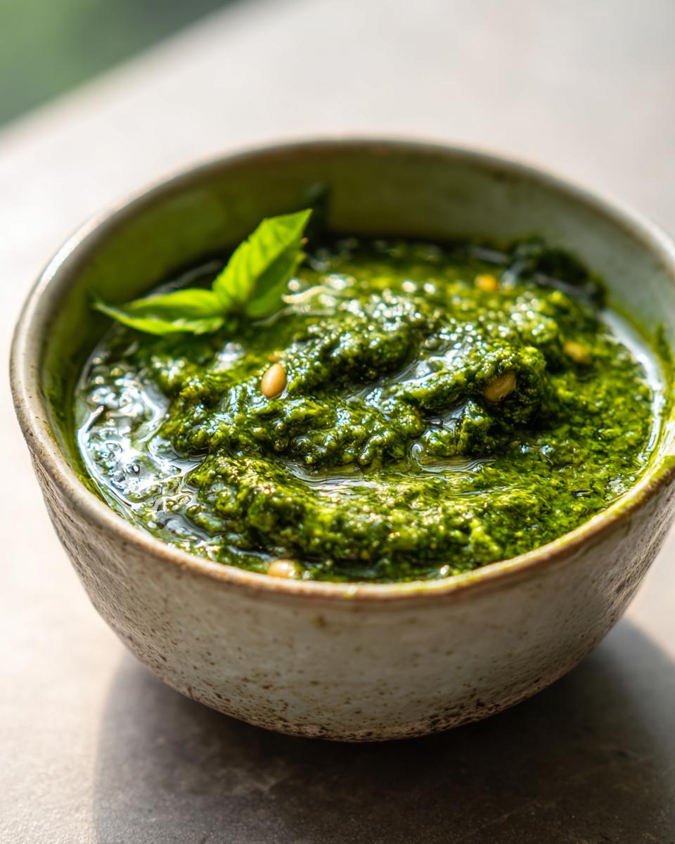 A close-up of vibrant green basil pesto in a rustic bowl, garnished with a basil leaf and pine nuts.