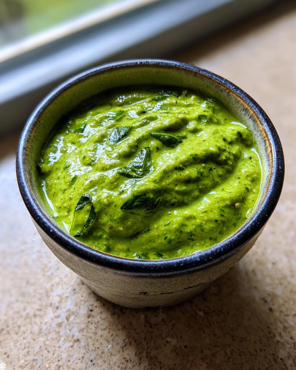 Close-up of vibrant green basil pesto in a dark bowl, showing texture and fresh basil leaves.