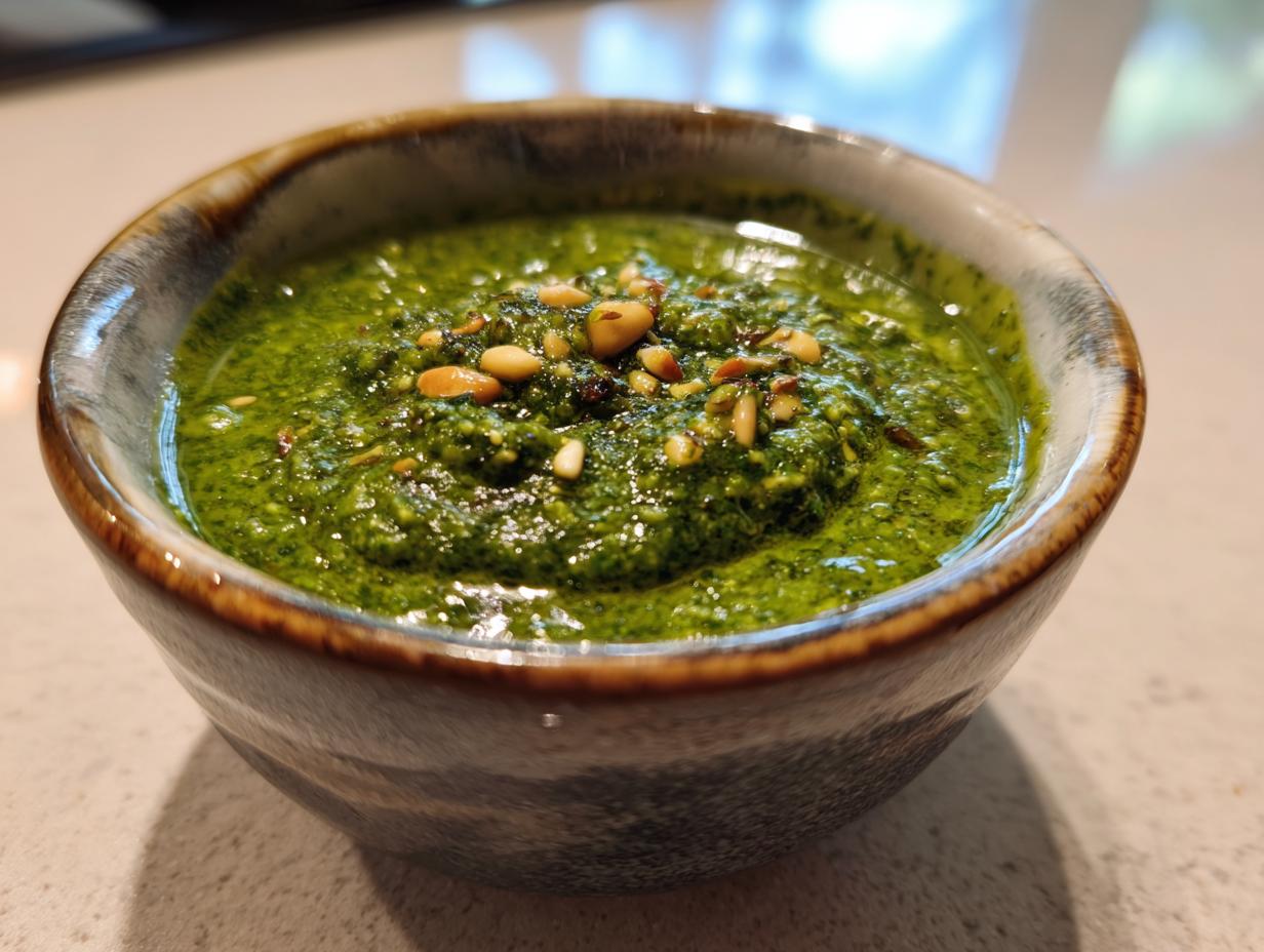 Close-up of vibrant green basil pesto in a rustic bowl, topped with pine nuts.