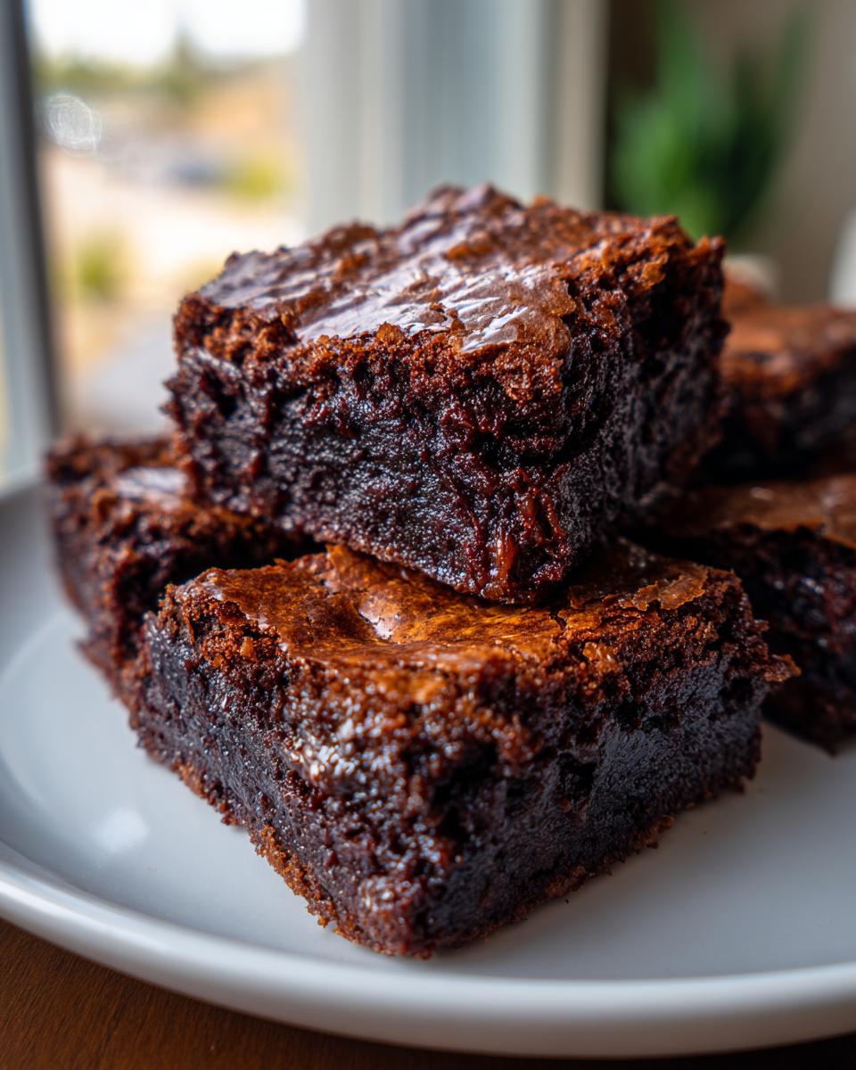 A stack of fudgy sourdough discard brownies on a white plate, showcasing their rich chocolate texture.