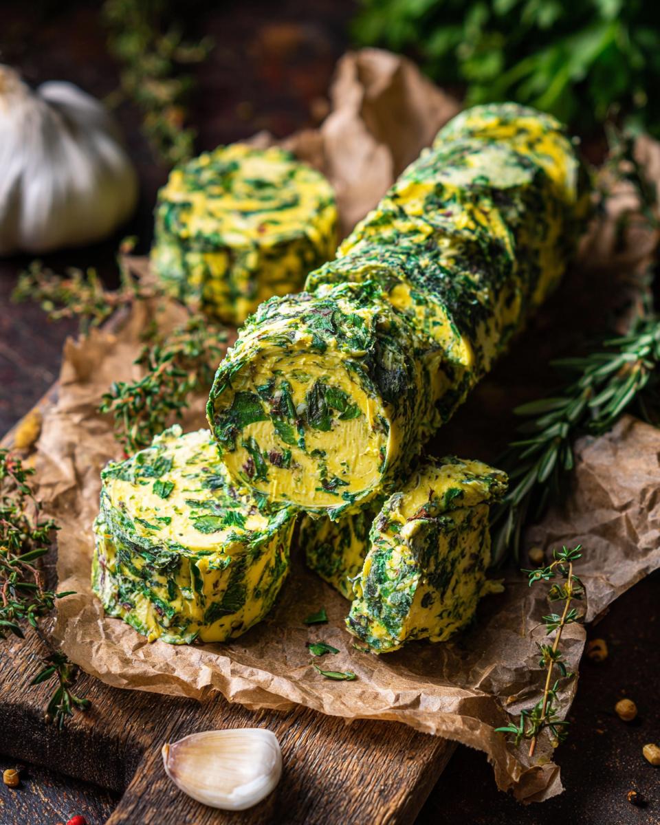 Close-up of sliced garlic butter log with fresh herbs and garlic cloves on a wooden board.