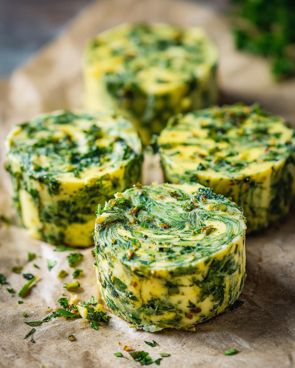 Close-up of four round rolls of garlic butter mixed with fresh green herbs.