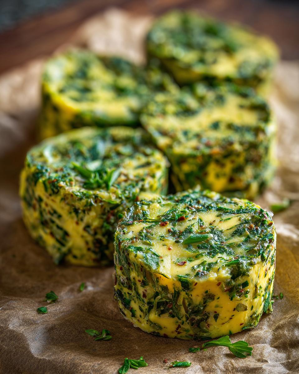 Close-up of round portions of garlic butter mixed with fresh herbs and spices.