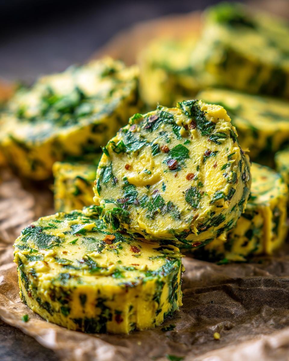 Close-up of delicious garlic butter slices with fresh herbs and red pepper flakes.