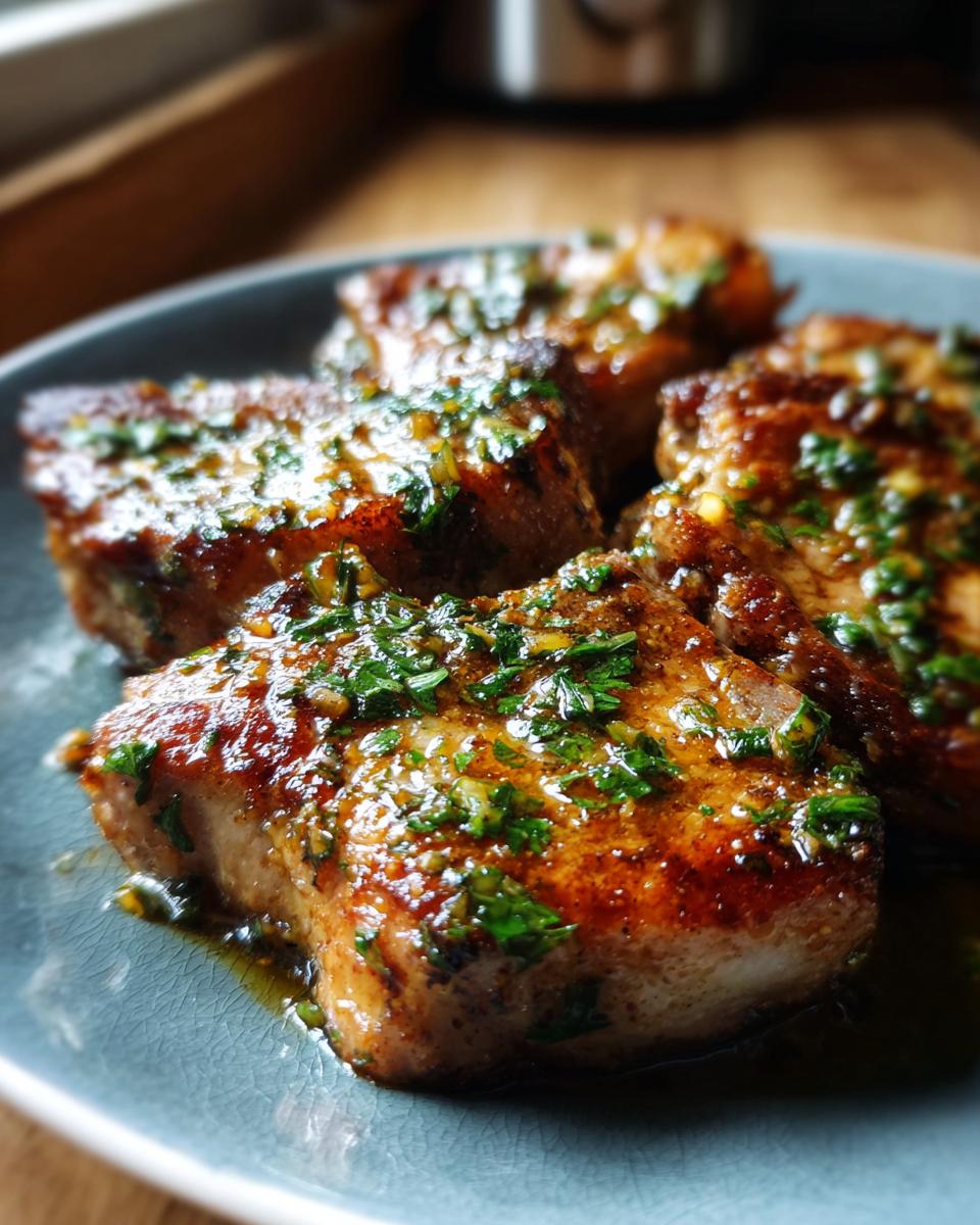 Close-up of succulent garlic butter pork chops, glistening with sauce and sprinkled with fresh parsley.