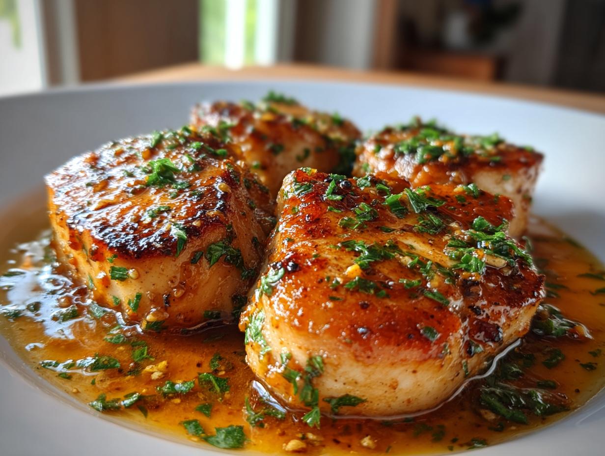 Close-up of four pan-seared garlic butter pork chops glistening in a rich sauce, garnished with fresh parsley.