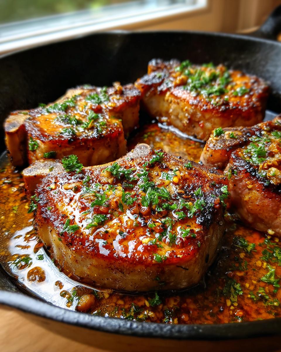 Close-up of pan-seared garlic butter pork chops in a cast iron skillet, glistening with sauce and topped with fresh parsley.