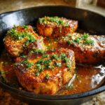 Four juicy garlic butter pork chops sizzling in a cast iron skillet with a rich sauce and fresh parsley.
